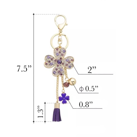 Green & Silver Crystal Four Leaf Clover Keychain with Tassel Charms - Picture 16 of 16